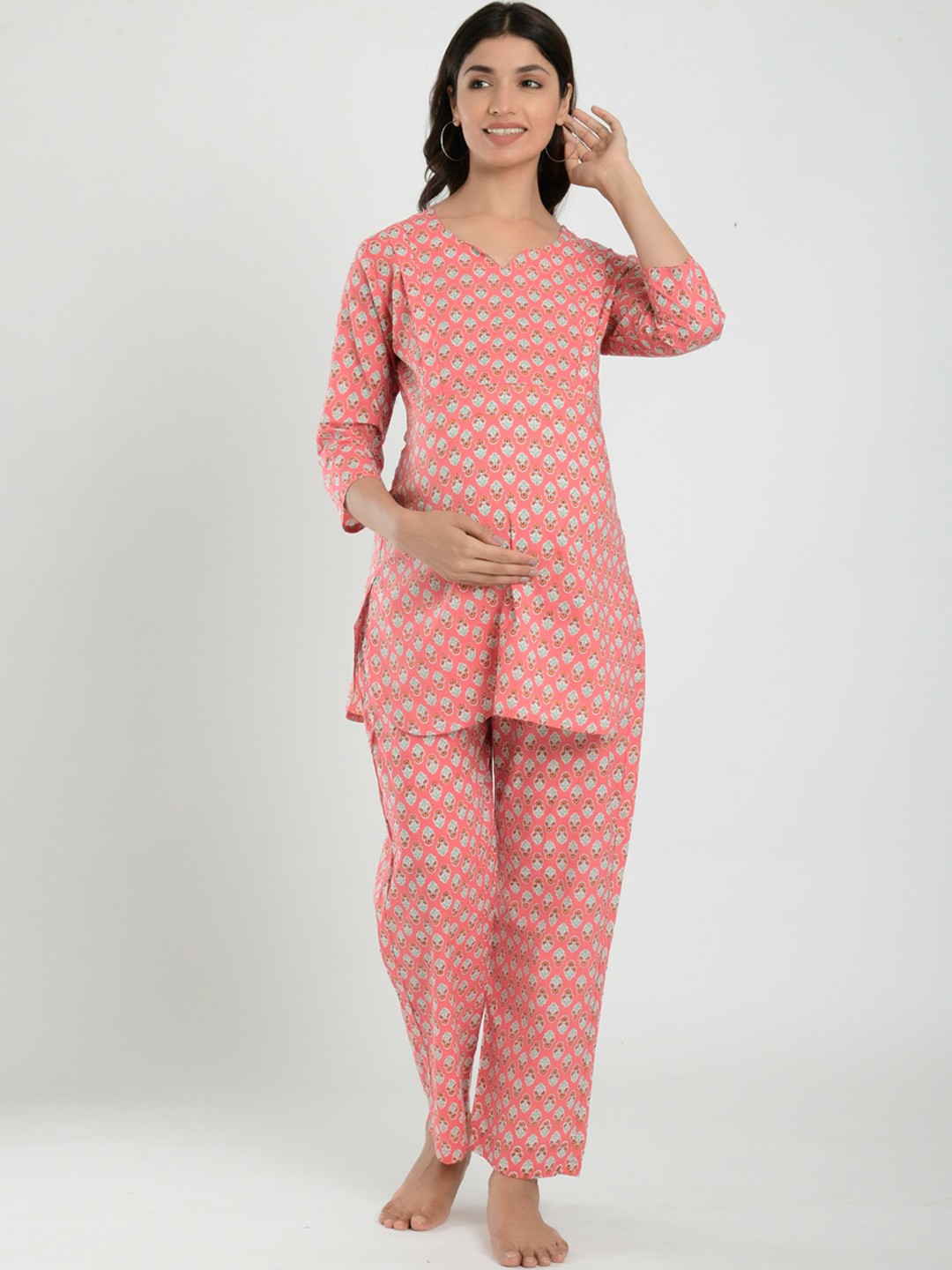 

CRAFIQA Floral Printed Pure Cotton Maternity Night Suit, Peach