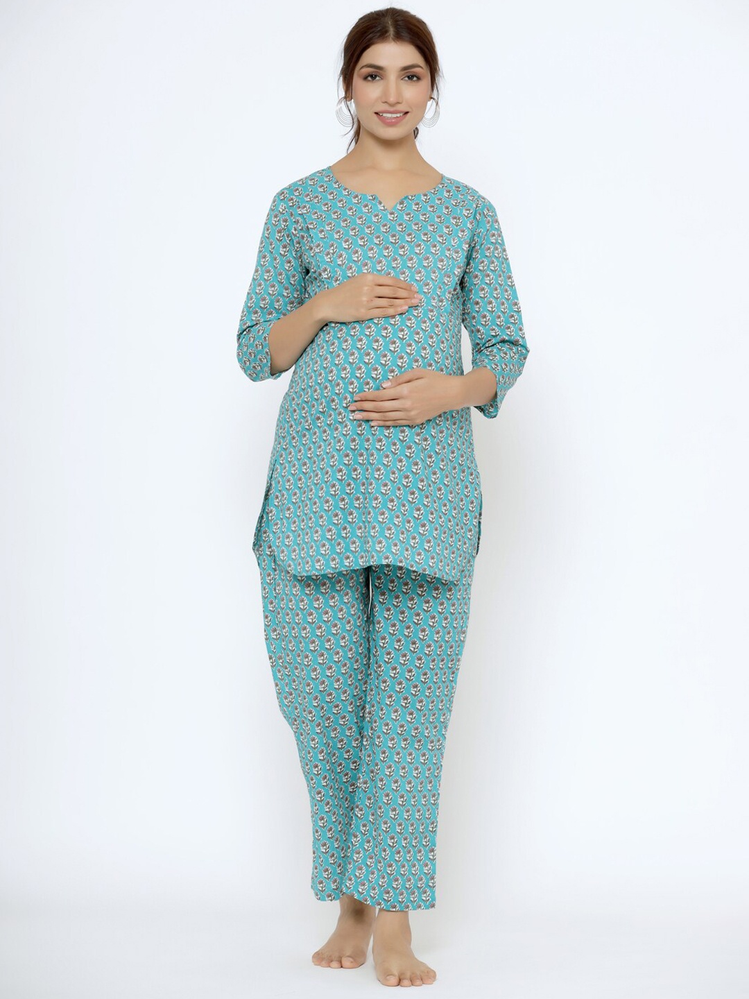 

CRAFIQA Floral Printed Pure Cotton Maternity Night Suit, Turquoise blue