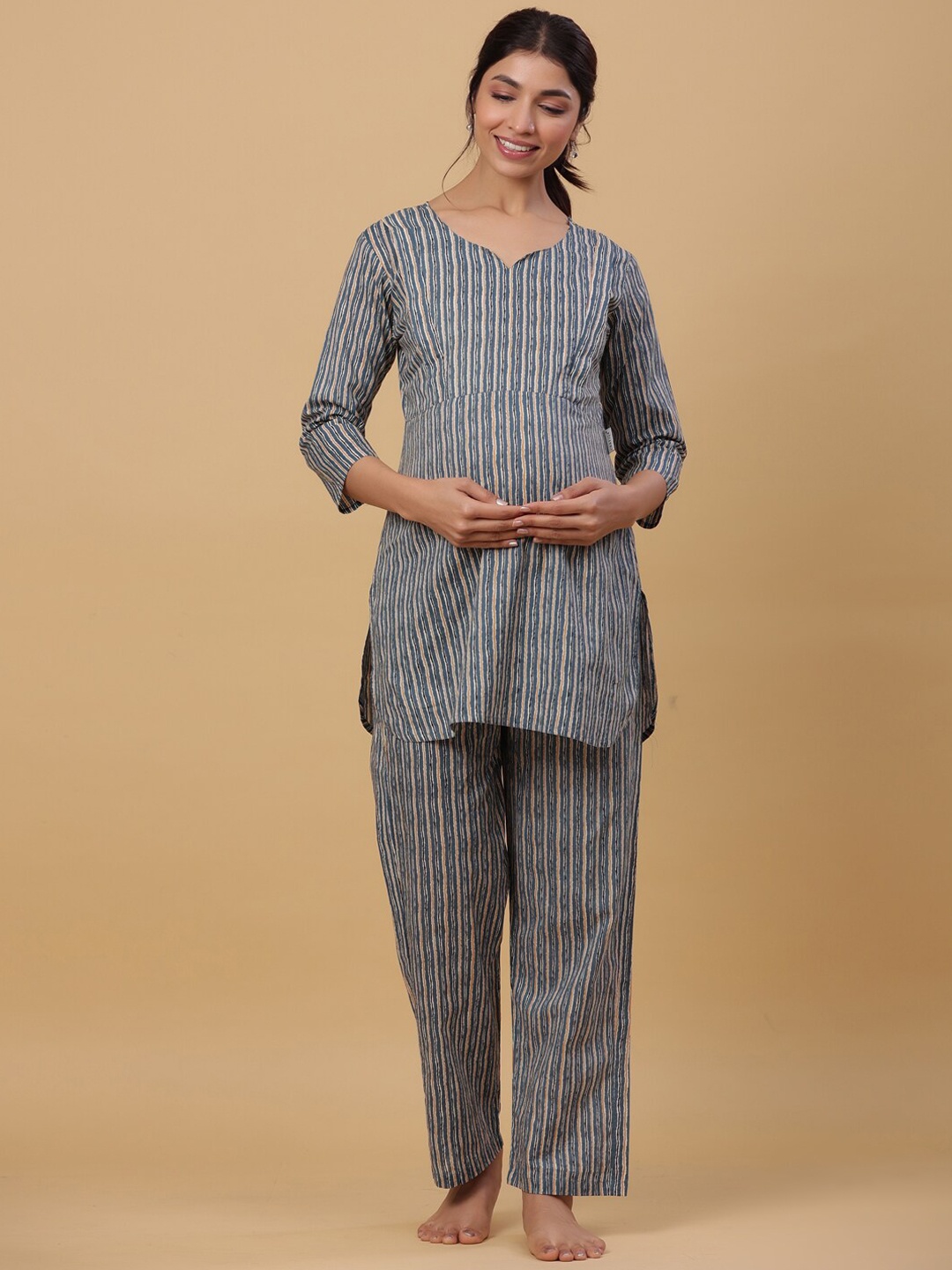 

CRAFIQA Striped Pure Cotton Maternity Night Suit, Blue