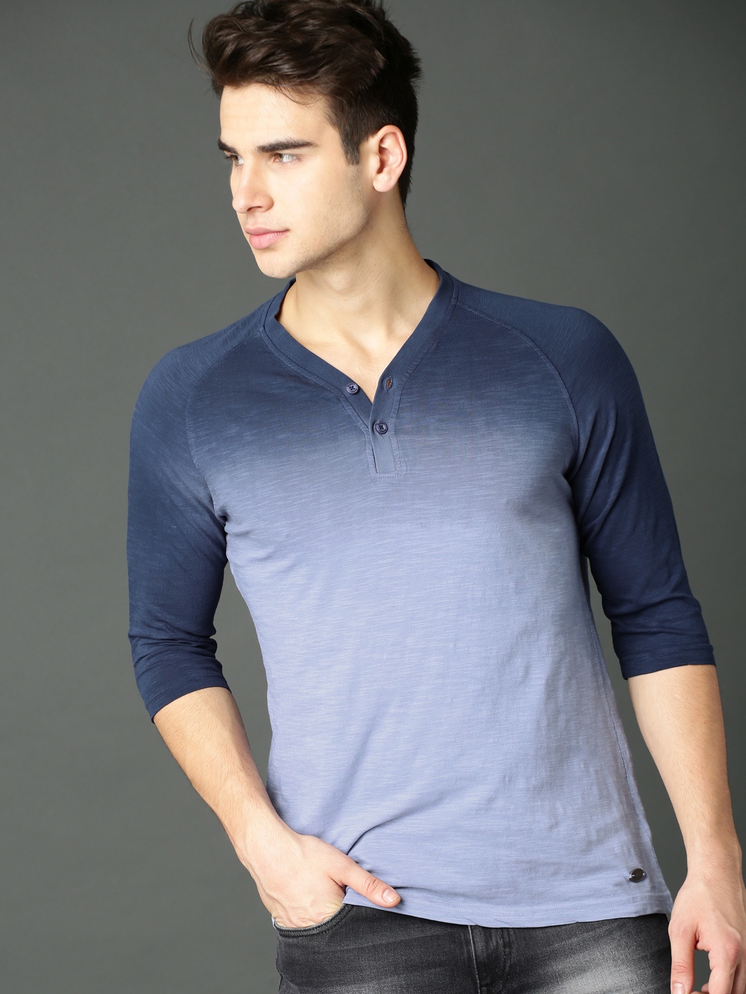 

Roadster Men Blue Dyed Henley Neck Pure Cotton T-shirt