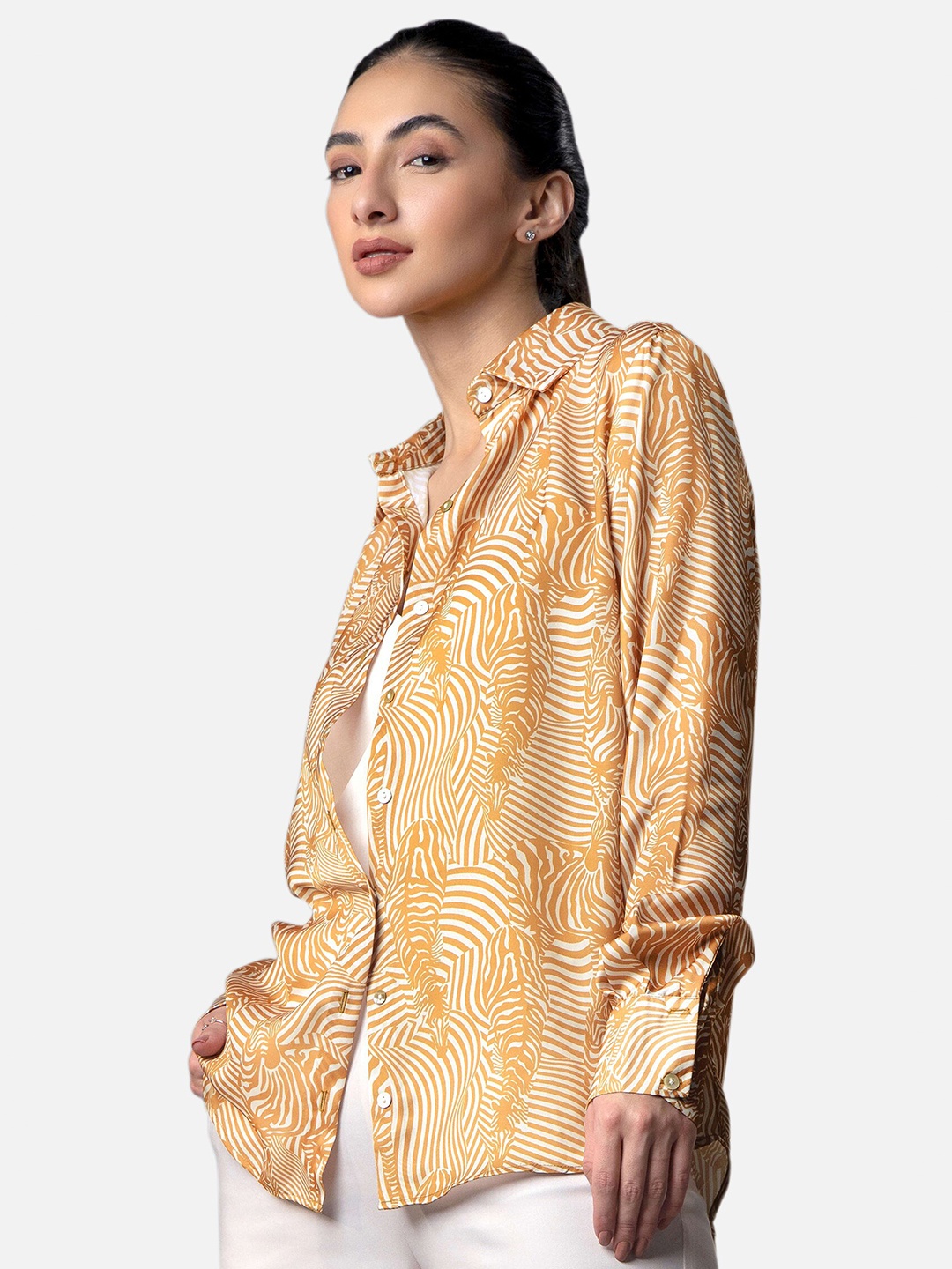 

NEOFAA Women Brown Floral Semi Sheer Printed Casual Shirt
