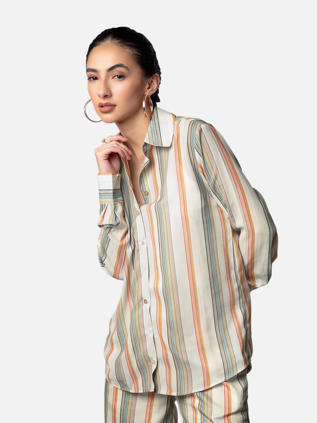 

NEOFAA Women White Multi Stripes Striped Casual Shirt