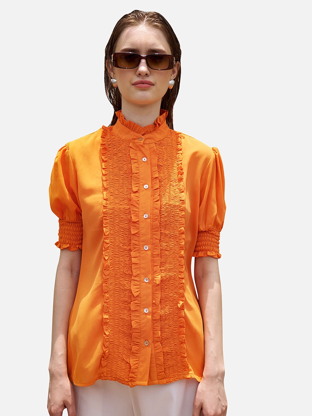 

NEOFAA Women Orange Printed Casual Shirt