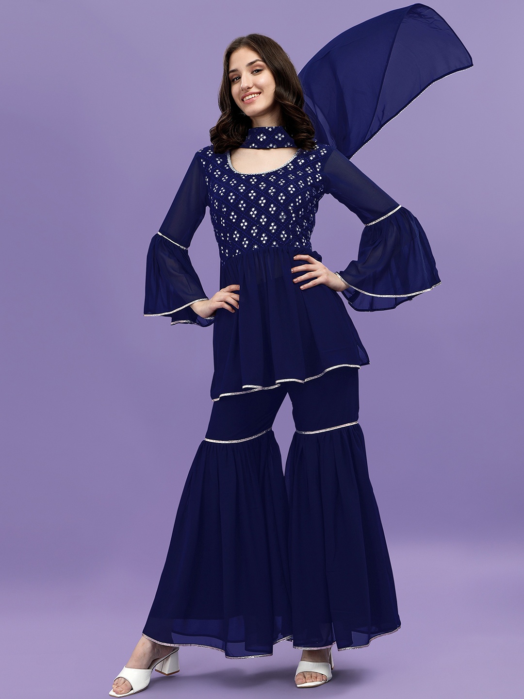 

ASPORA Women Ethnic Embroidered Pleated Gotta Patti A-Line Kurti with Sharara & Dupatta, Navy blue