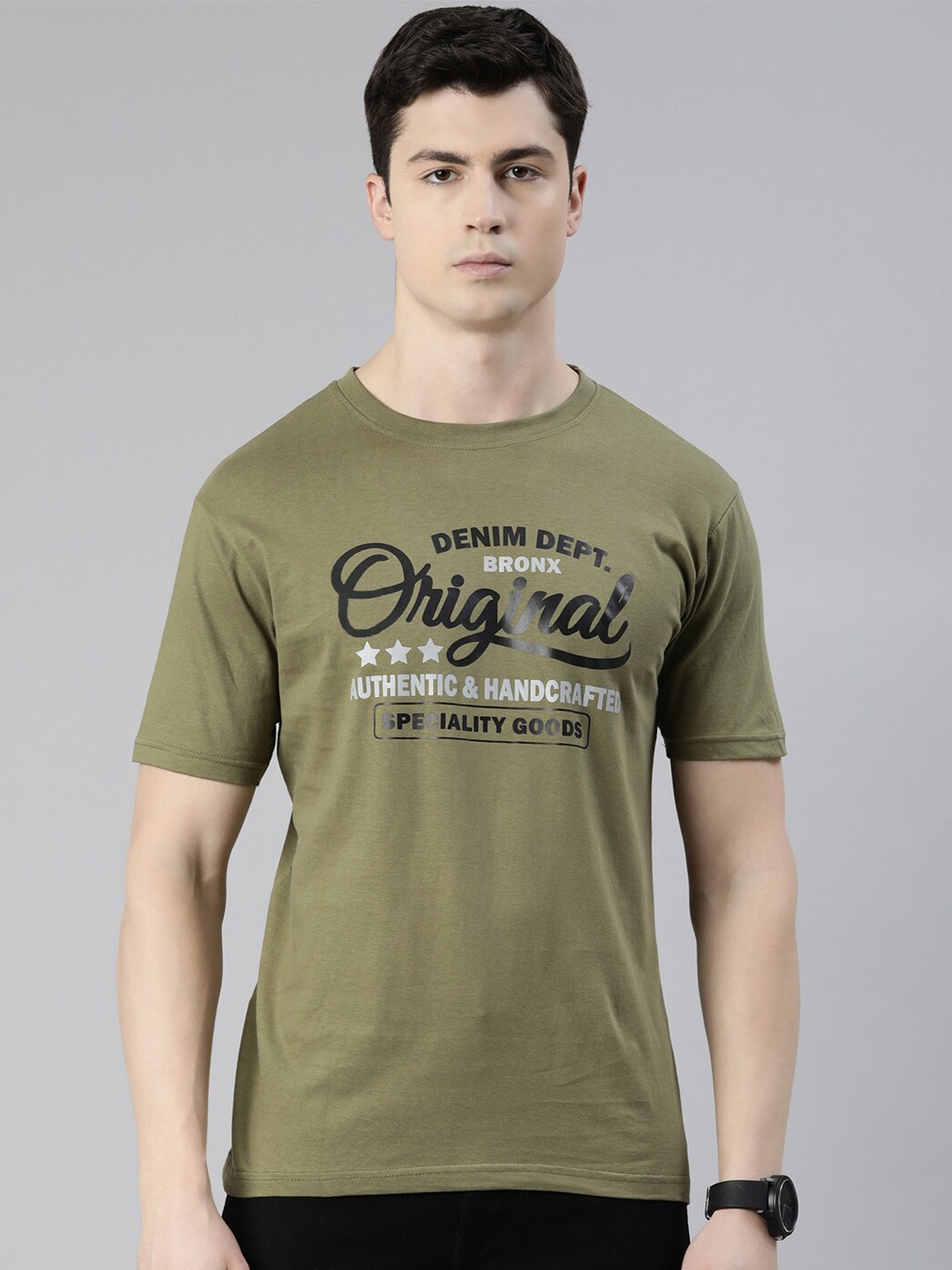 

recast Round Neck Typography Printed Pure Cotton Bio Finish T-shirt, Olive