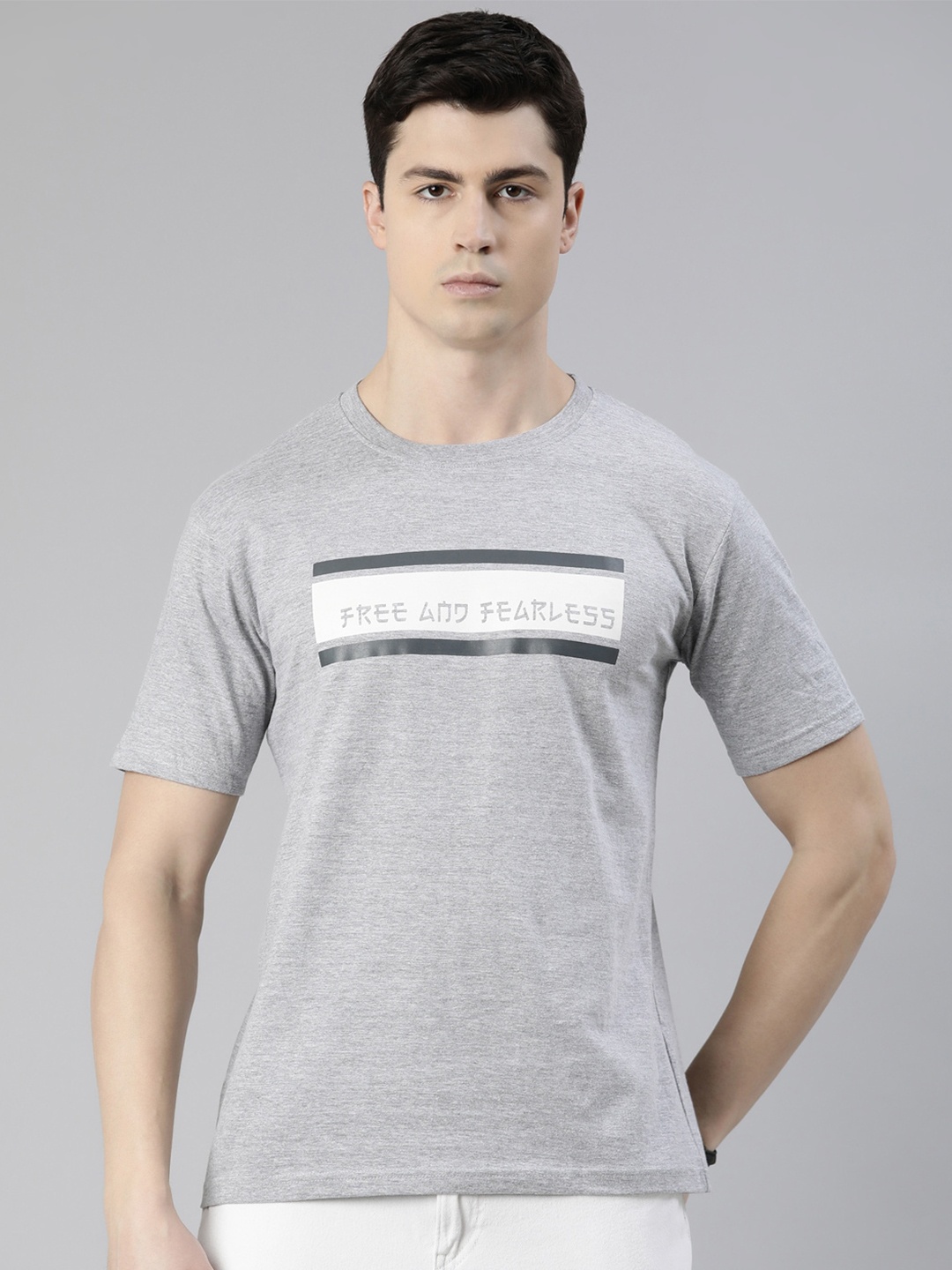 

recast Geometric Printed Round Neck Bio Finish T-shirt, Grey