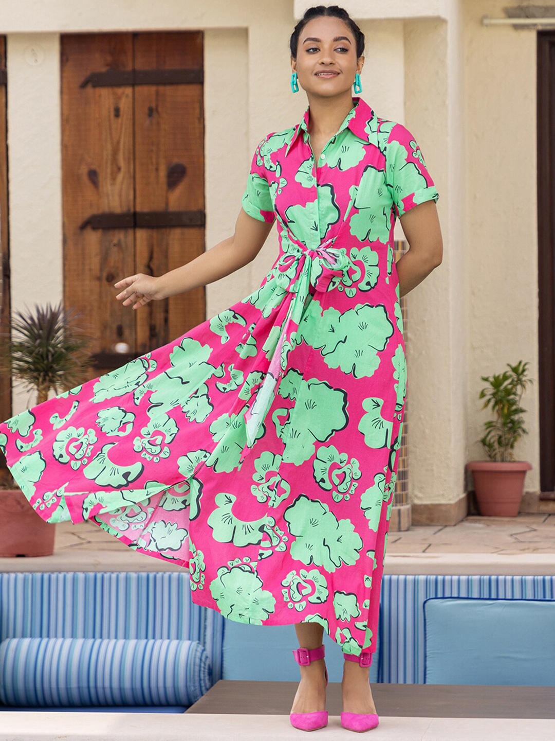 

Ambraee Shirt Collar Floral Maxi Dress, Pink