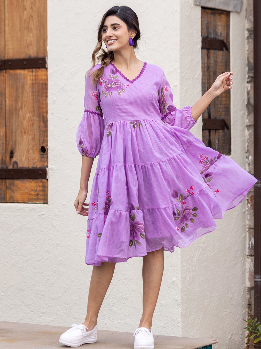 

Ambraee V-Neck Floral Cotton Dress, Purple