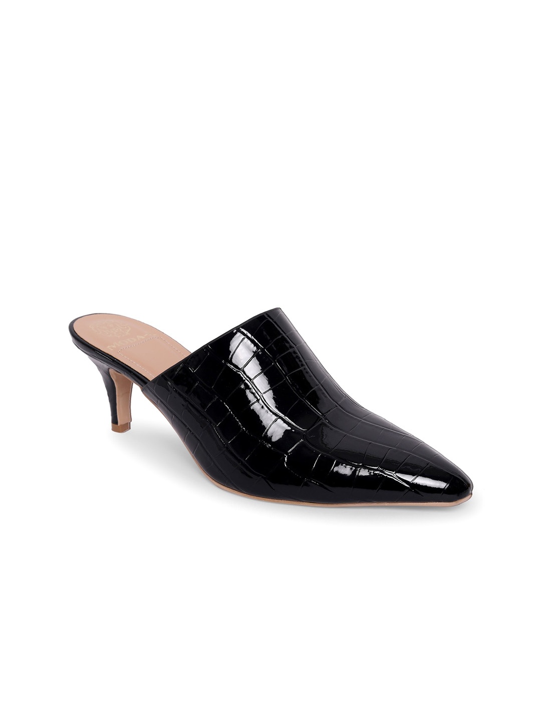 

MODA-X Textured Pointed Toe Kitten Mules, Black