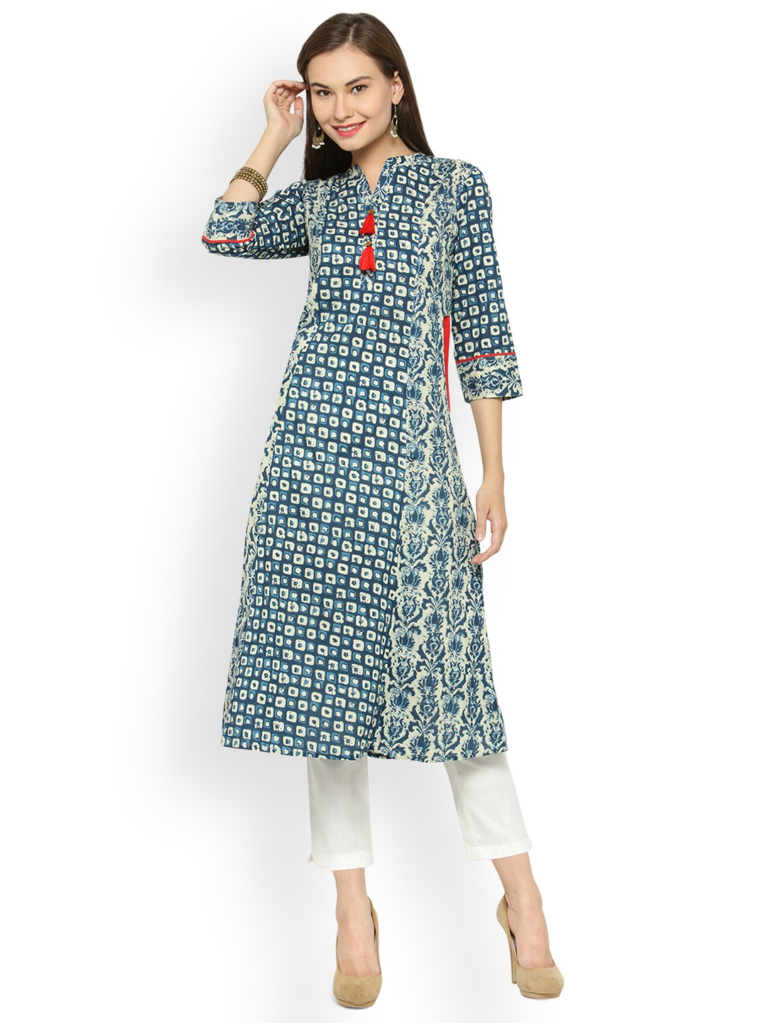 

Indibelle Women Blue & Cream-Coloured Printed A-Line Kurta