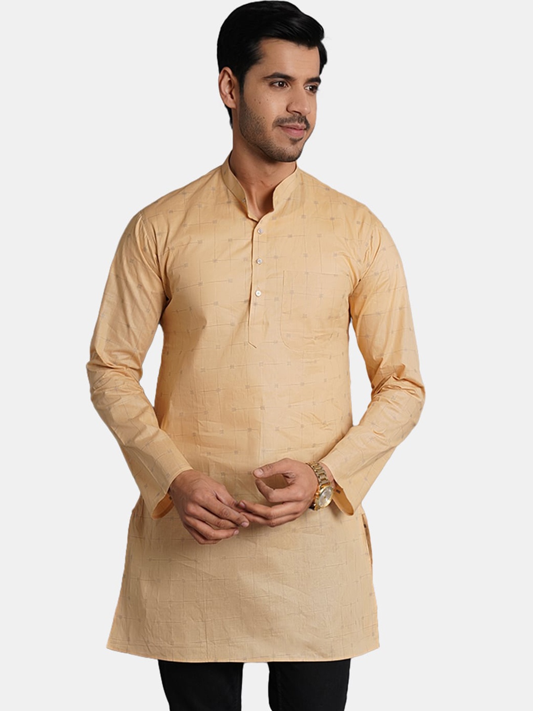 

Wintage Geometric Printed Mandarin Collar Pure Cotton Kurta, Beige