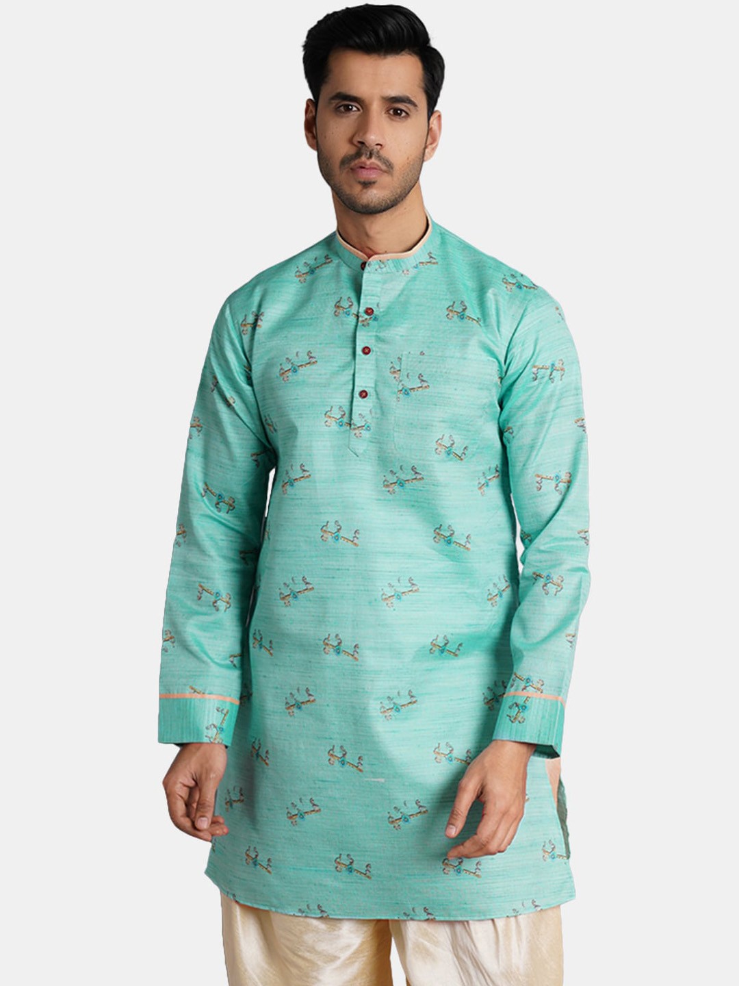 

Wintage Ethnic Motifs Printed Mandarin Collar Silk Cotton Kurta, Green