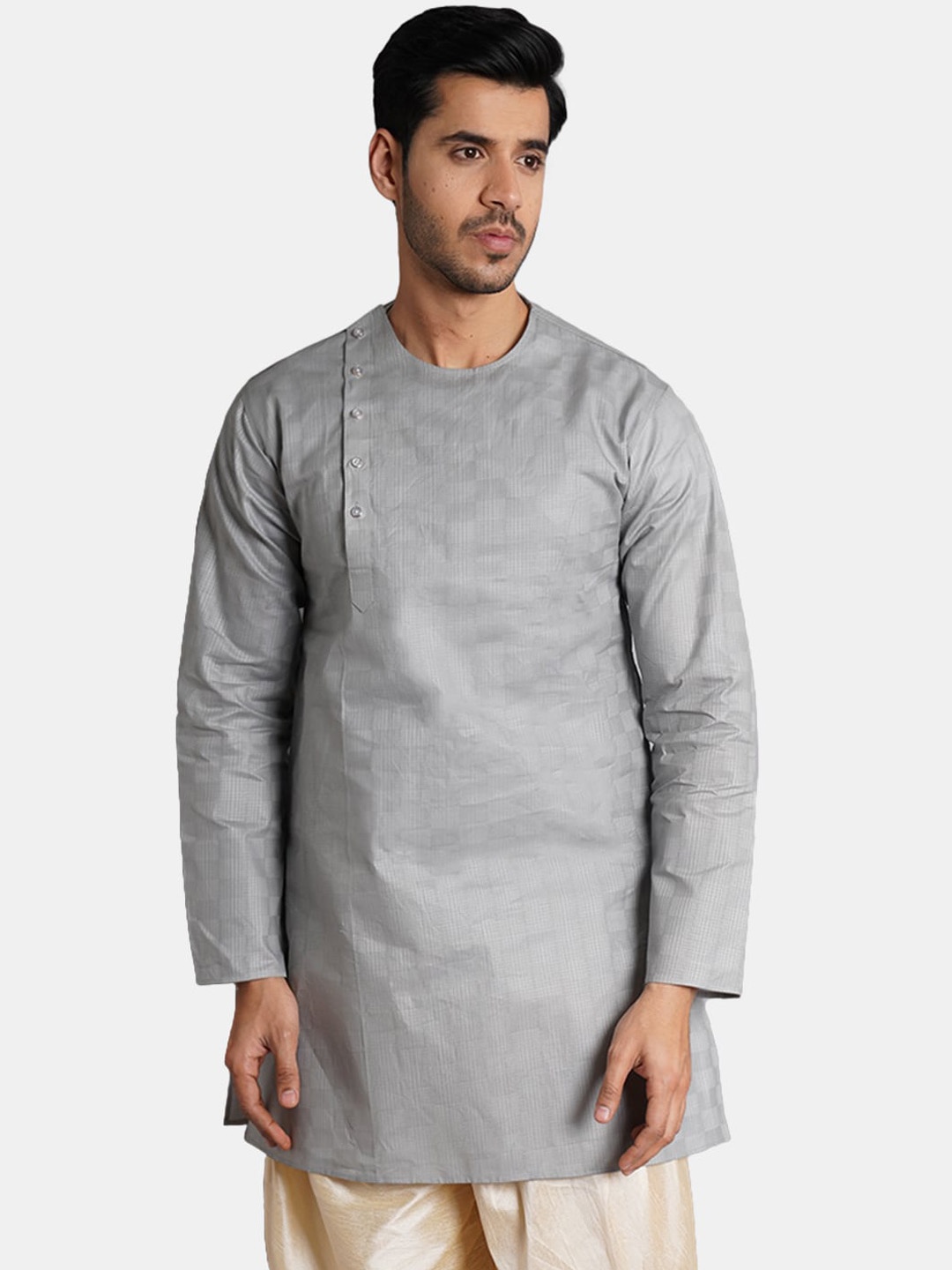 

Wintage Round Neck Angrakha Cotton Kurta, Grey