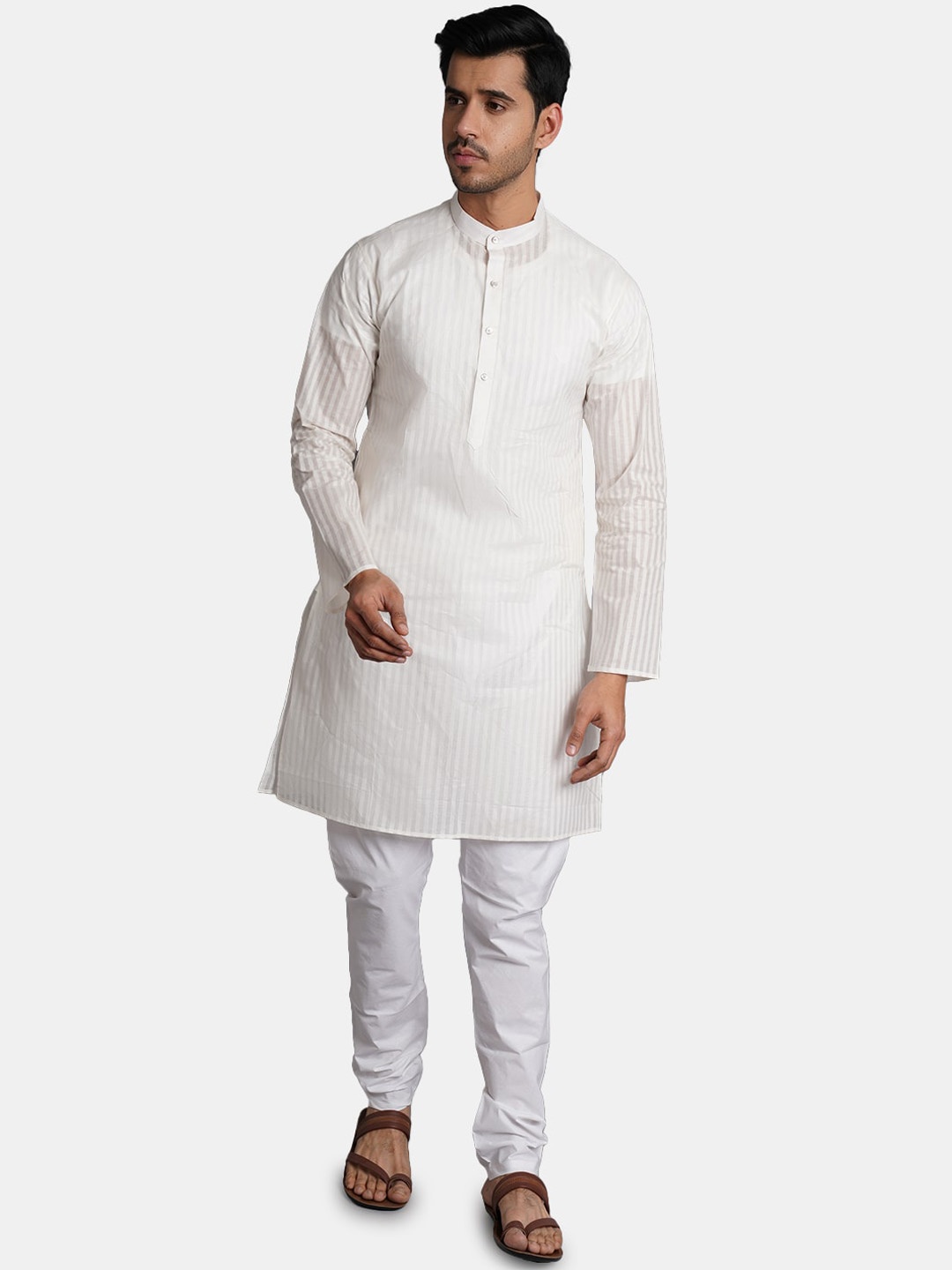 

Wintage Striped Mandarin Collar Pure Cotton Kurta With Churidar, White