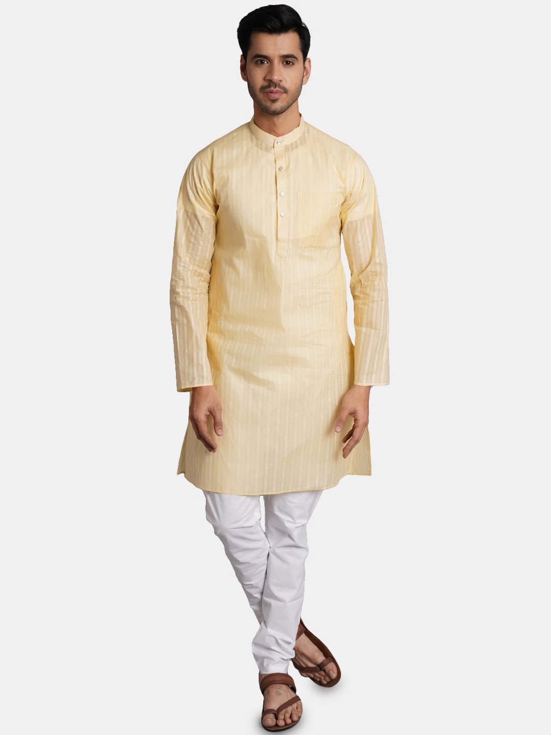 

Wintage Striped Mandarin Collar Pure Cotton Kurta With Churidar, Yellow