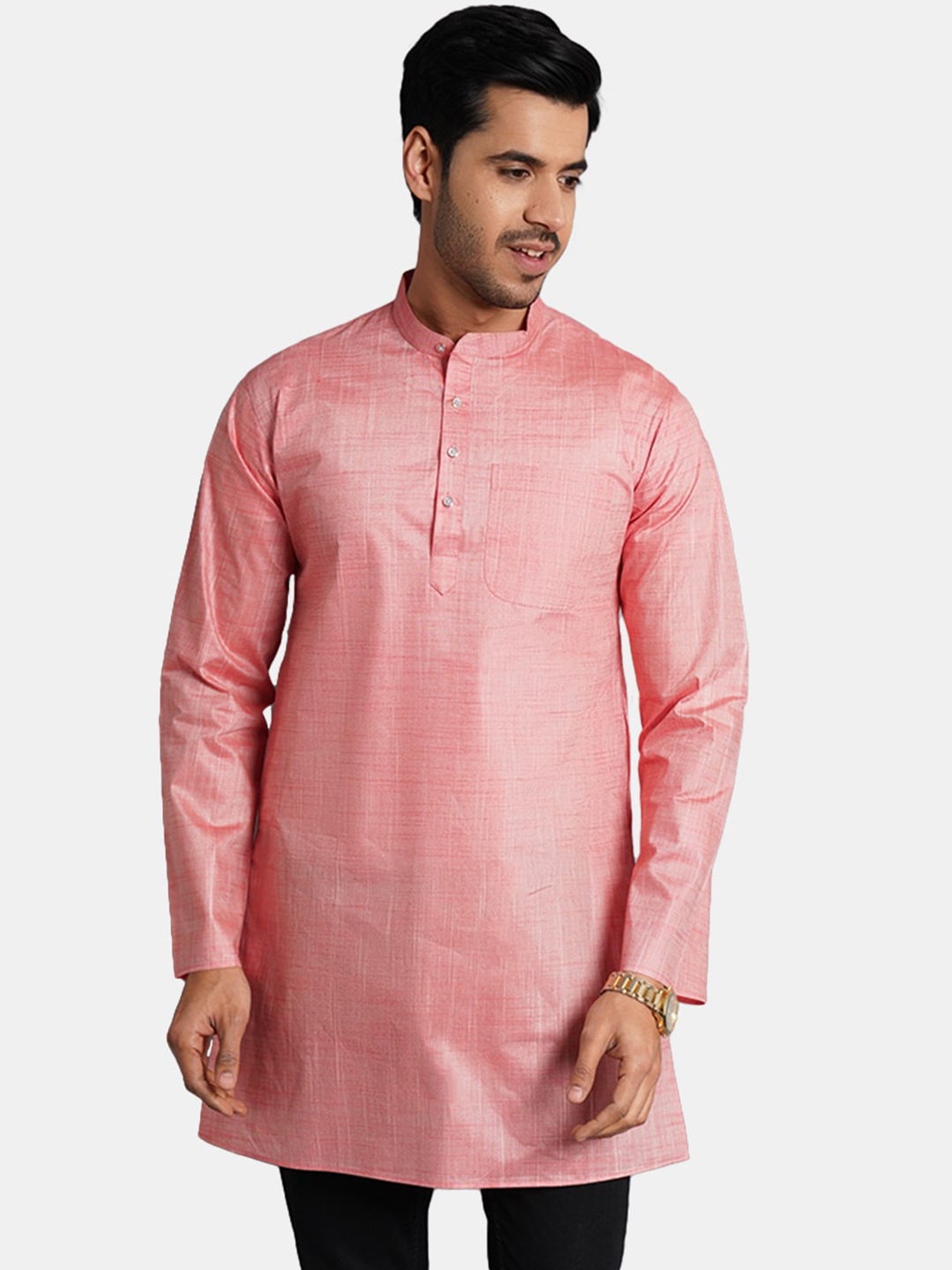 

Wintage Mandarin Collar Straight Art Silk Kurta, Pink