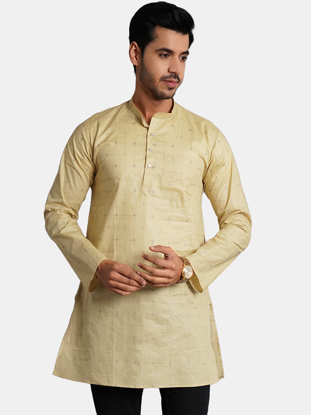 

Wintage Geometric Woven Design Straight Cotton Kurta, Beige