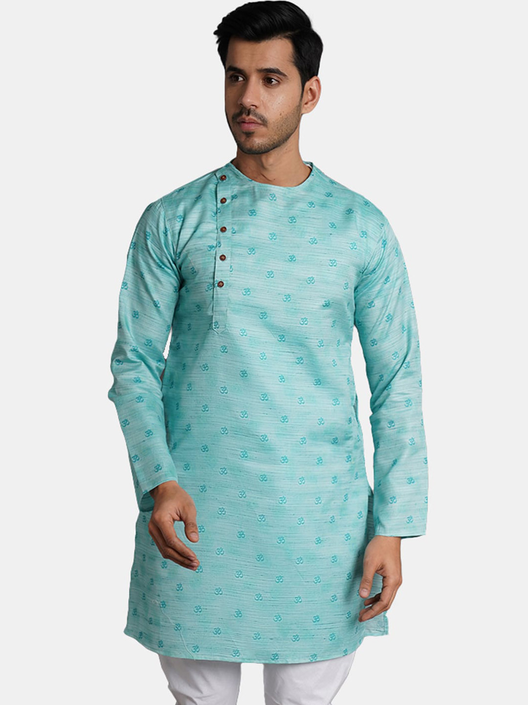 

Wintage Quirky Printed Round Neck Silk Cotton Angrakha Kurta, Green