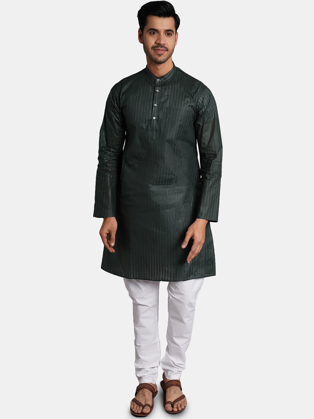 

Wintage Striped Pure Cotton Straight Kurta with Pajamas, Green