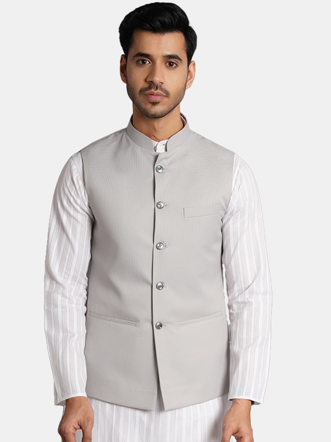 

Wintage Men Woven Mandarin Collar Nehru Jacket, Grey