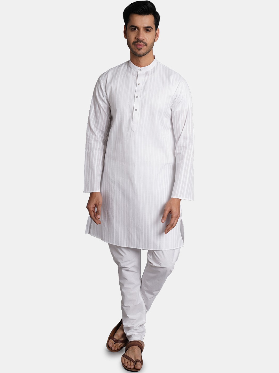 

Wintage Striped Pure Cotton Kurta with Churidar, White