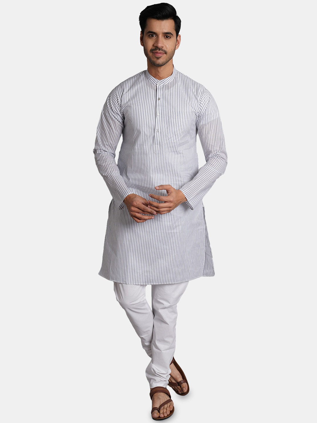 

Wintage Mandarin Collar Striped Pure Cotton Straight Kurta with Pyjamas, White