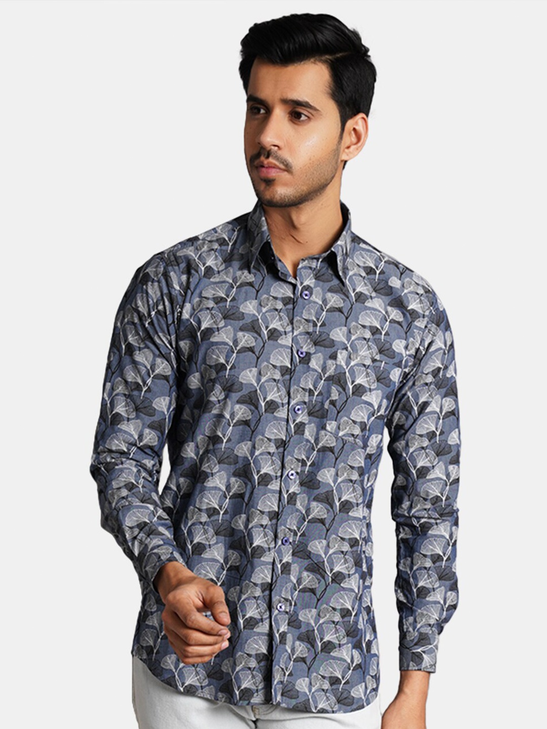 

Wintage Classic Spread Collar Floral Printed Pure Cotton Casual Shirt, Grey