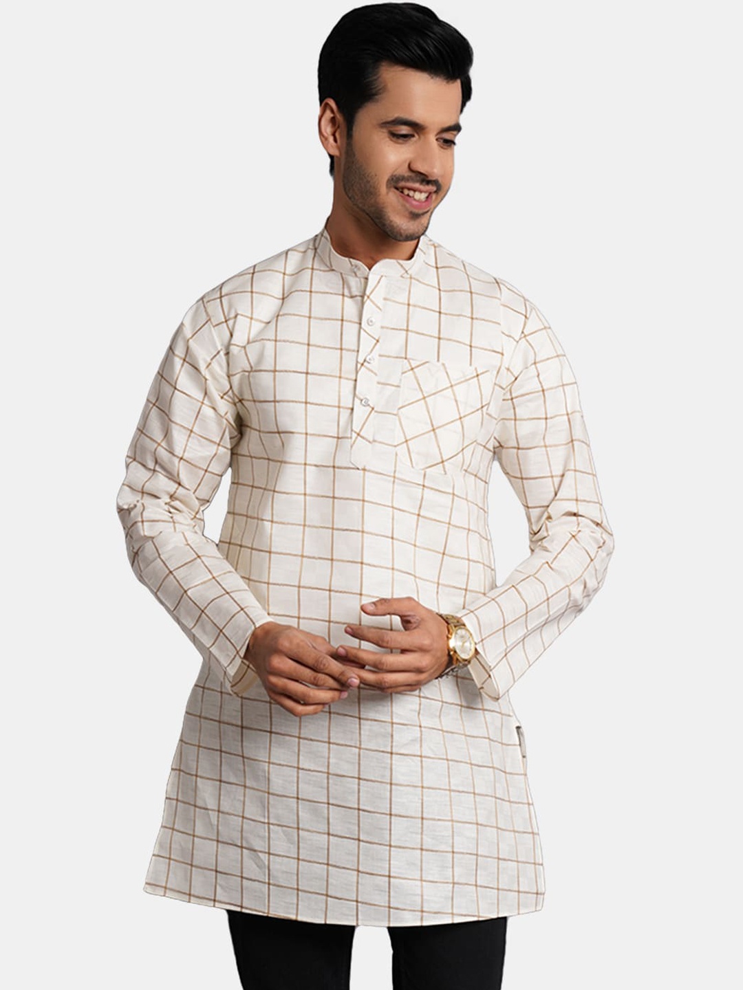 

Wintage Checked Mandarin Collar Straight Cotton Silk Kurta, White
