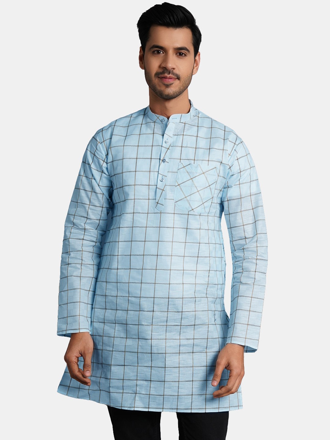 

Wintage Checked Mandarin Collar Straight Cotton Silk Kurta, Blue