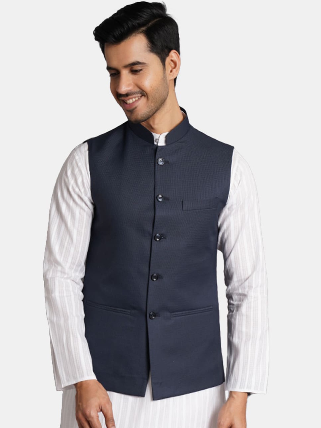 

Wintage Men Woven Designed Nehru Jacket, Black