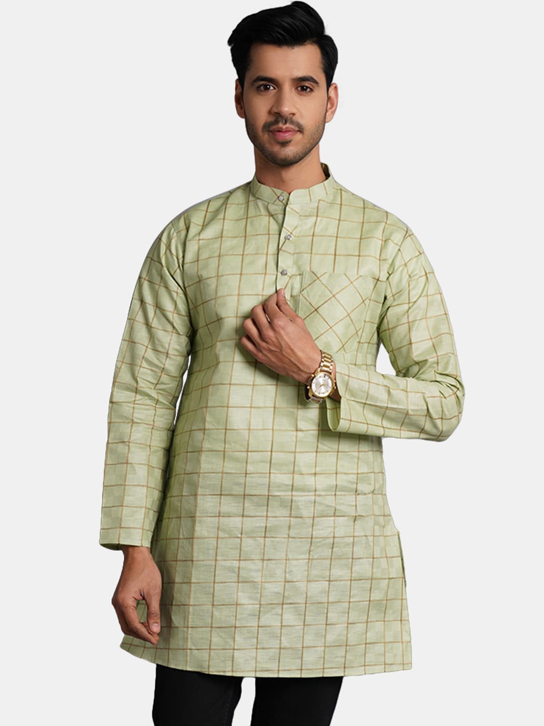 

Wintage Checked Mandarin Collar Straight Cotton Silk Kurta, Green