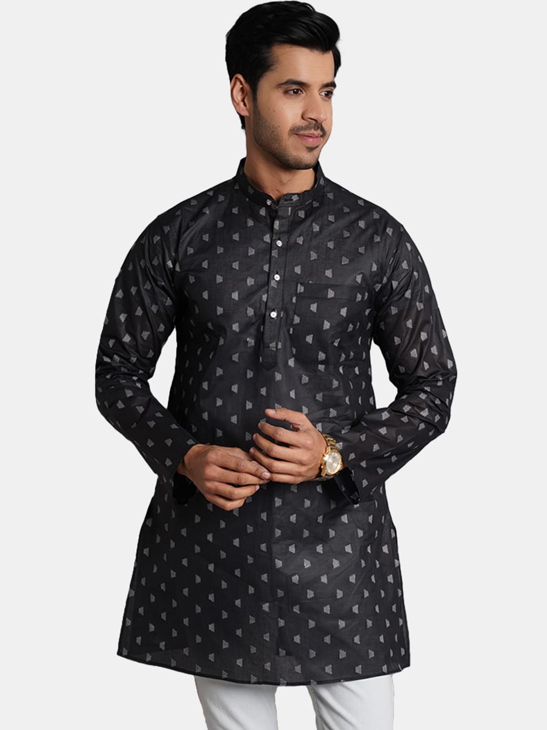 

Wintage Geometric Printed Mandarin Collar Straight Cotton Kurta, Black