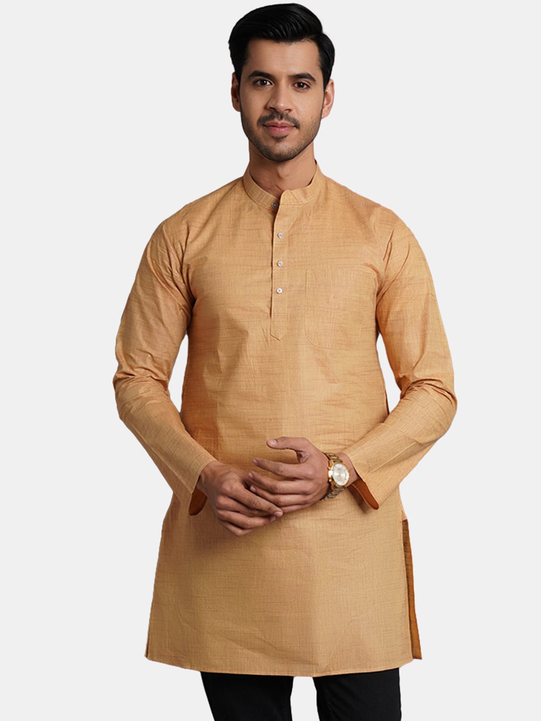 

Wintage Mandarin Collar Matka Silk Kurta, Beige