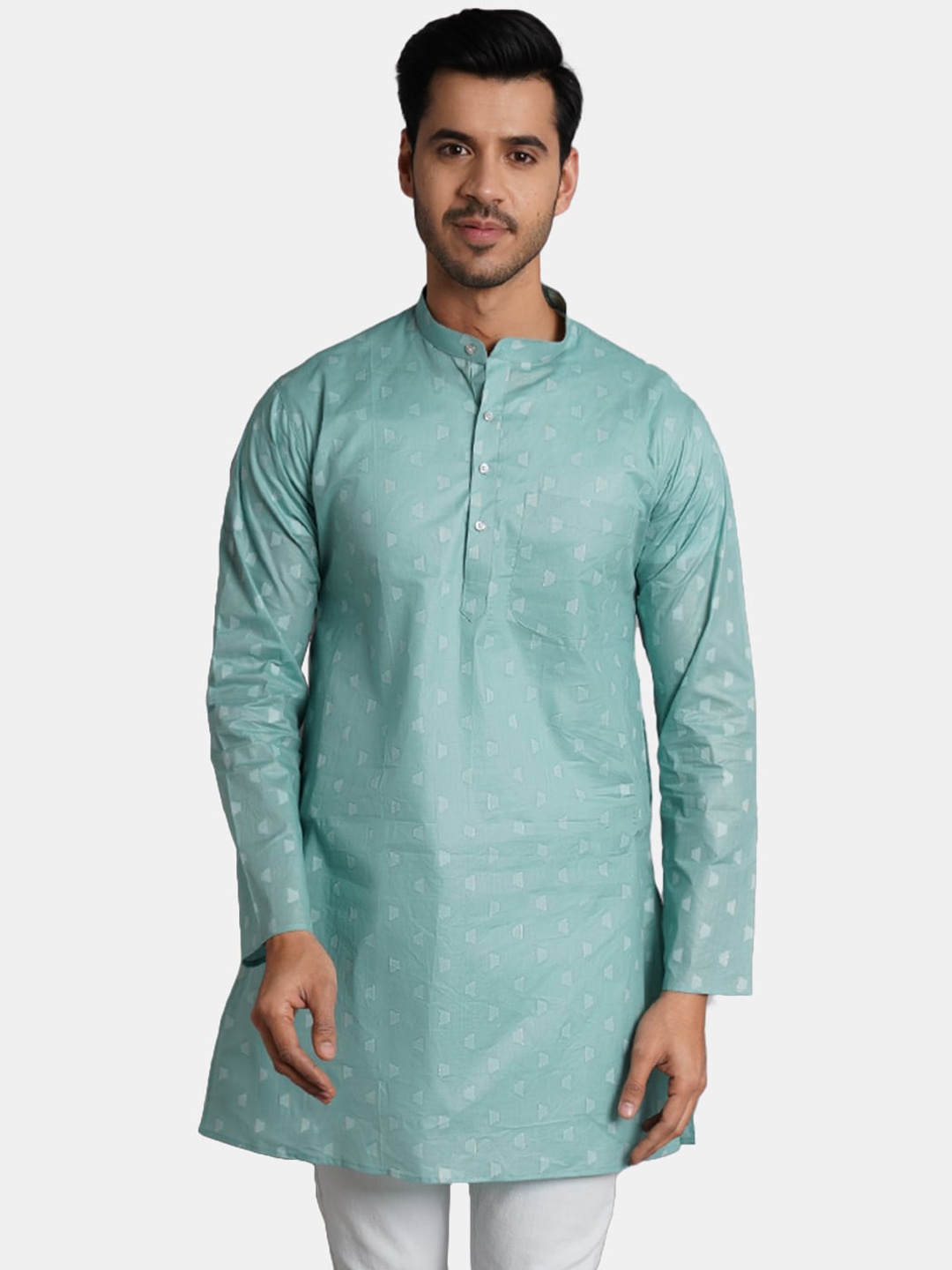 

Wintage Geometric Printed Mandarin Collar Pure Cotton Kurta, Green