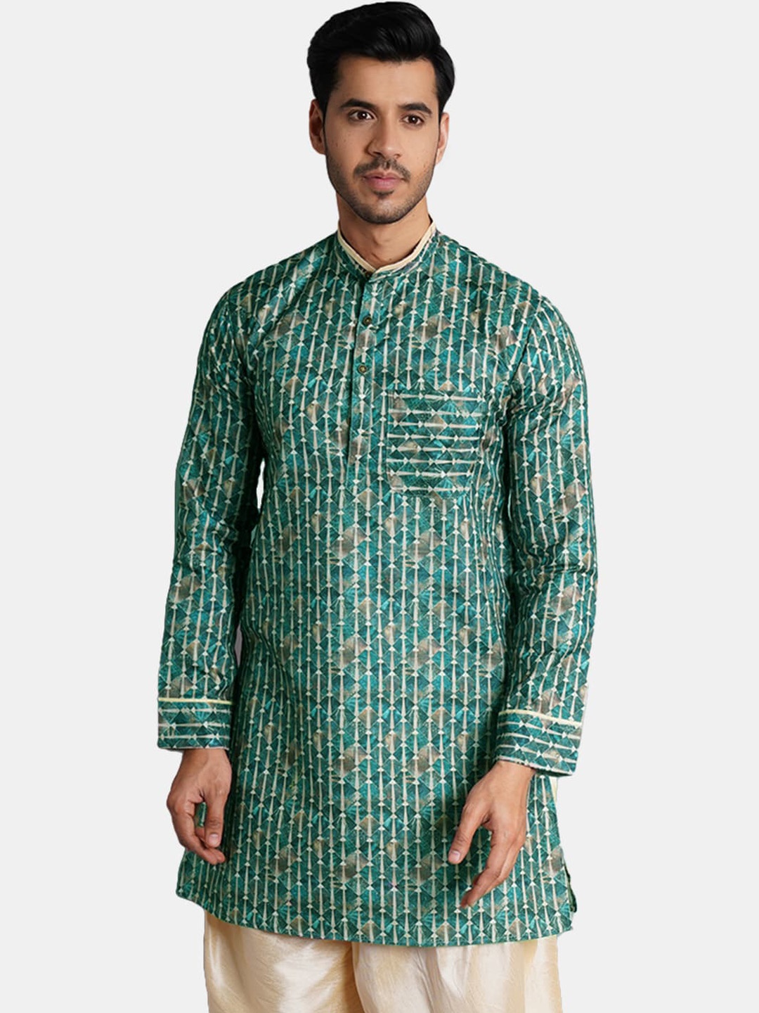 

Wintage Geometric Printed Mandarin Collar Silk Cotton Kurta, Green