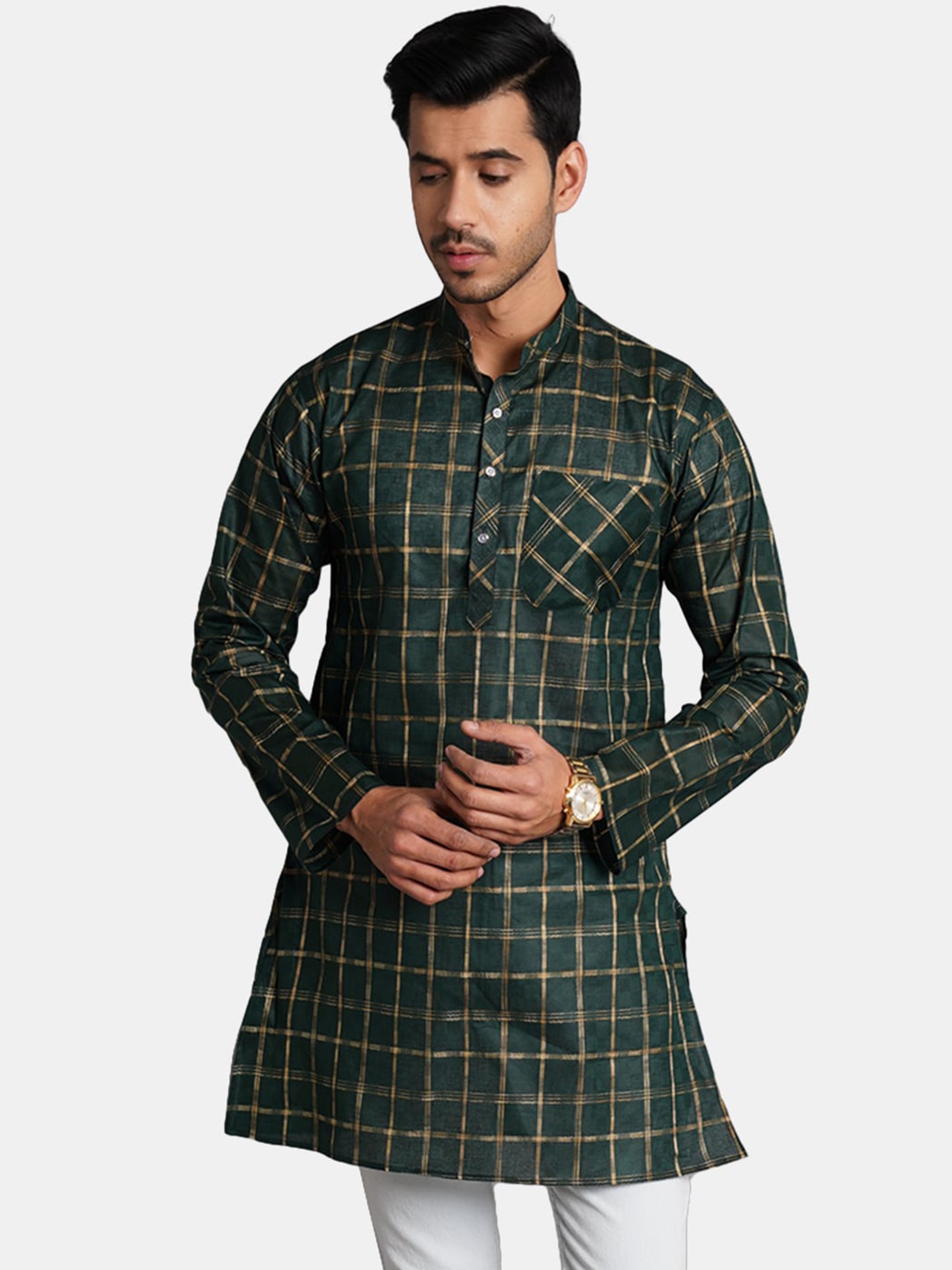 

Wintage Checked Mandarin Collar Silk Cotton Kurta, Green