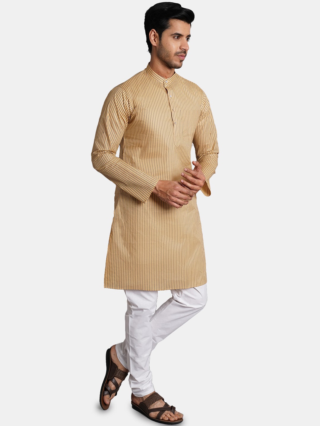 

Wintage Striped Band Collar Pure Cotton Kurta with Pyjamas, Mustard