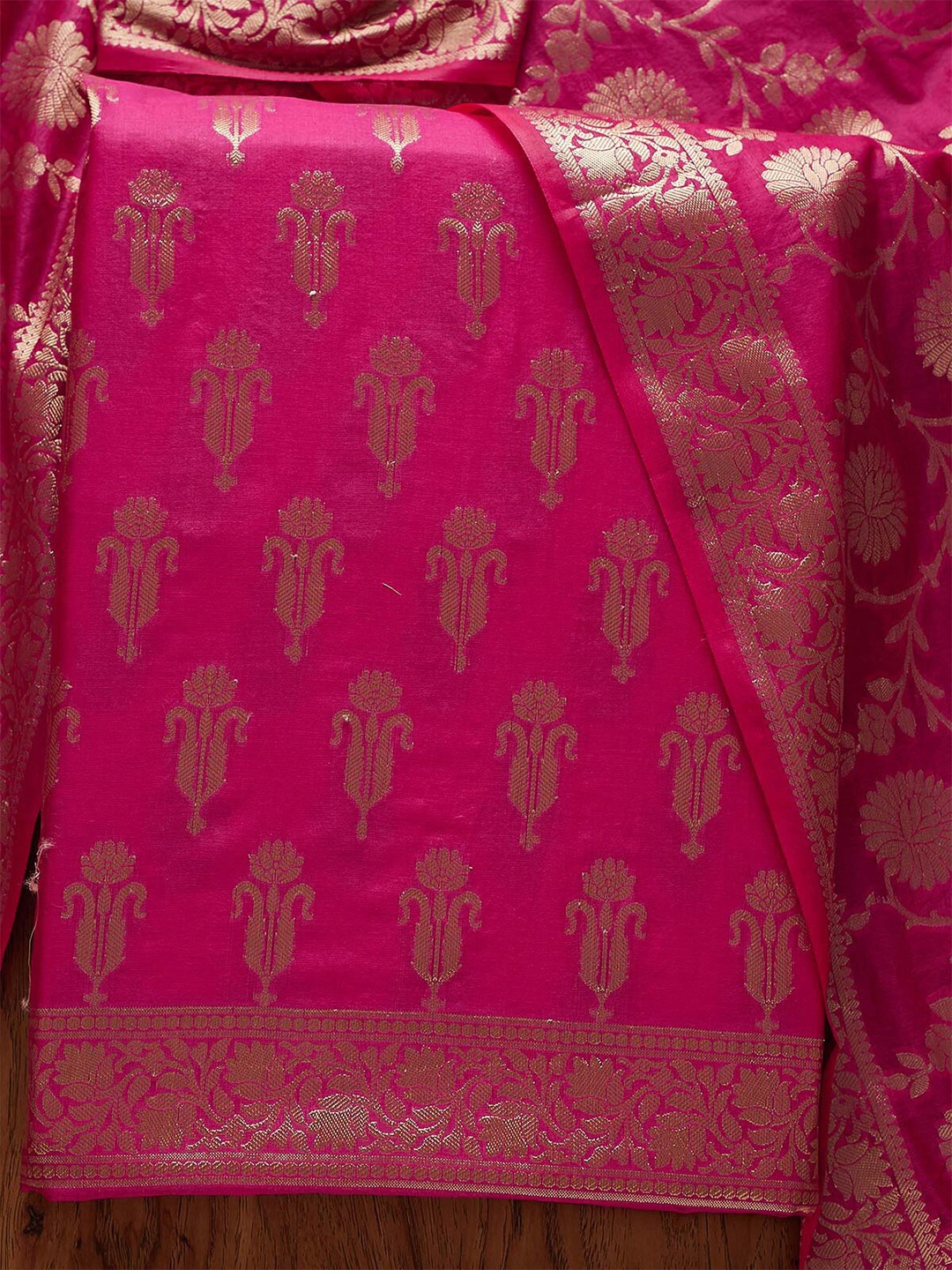 

Koskii Woven Design Ethnic Motifs Zari Art Silk Unstitched Dress Material, Pink