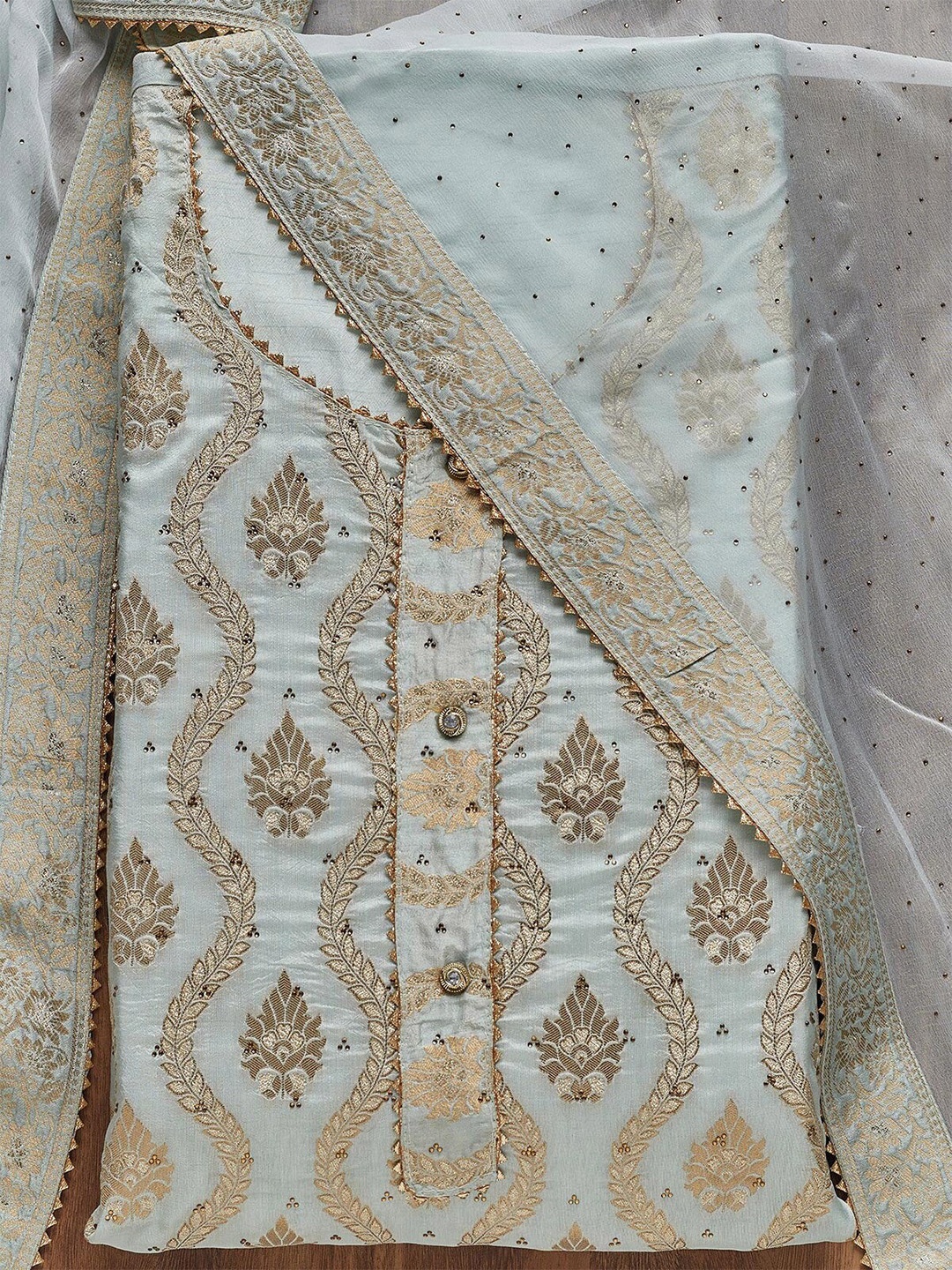 

Koskii Ethnic Motifs Woven Design Beads & Stones Unstitched Dress Material, Blue