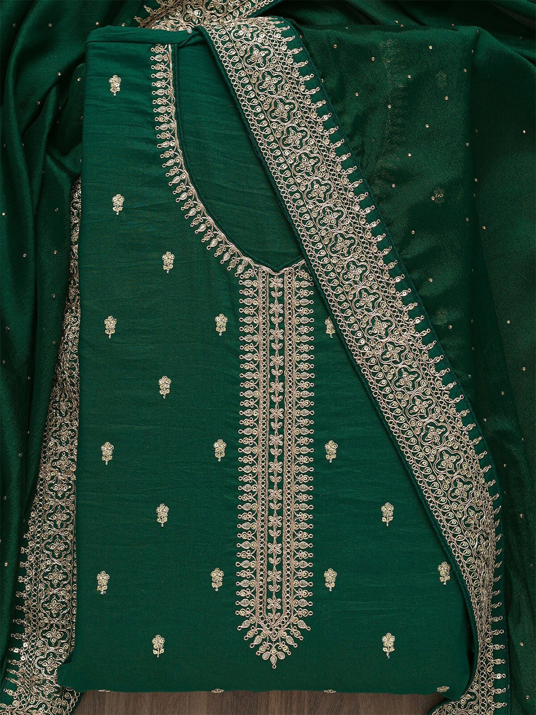 

Koskii Embroidered Zardosi Raw Silk Unstitched Dress Material, Green