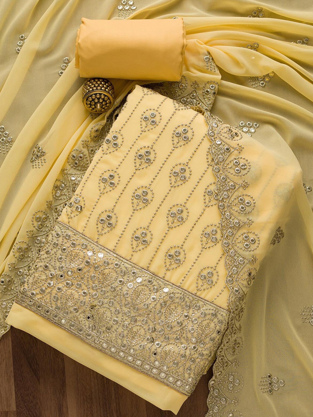 

Koskii Ethnic Motifs Embellished Mirror work Unstitched Dress Material, Yellow