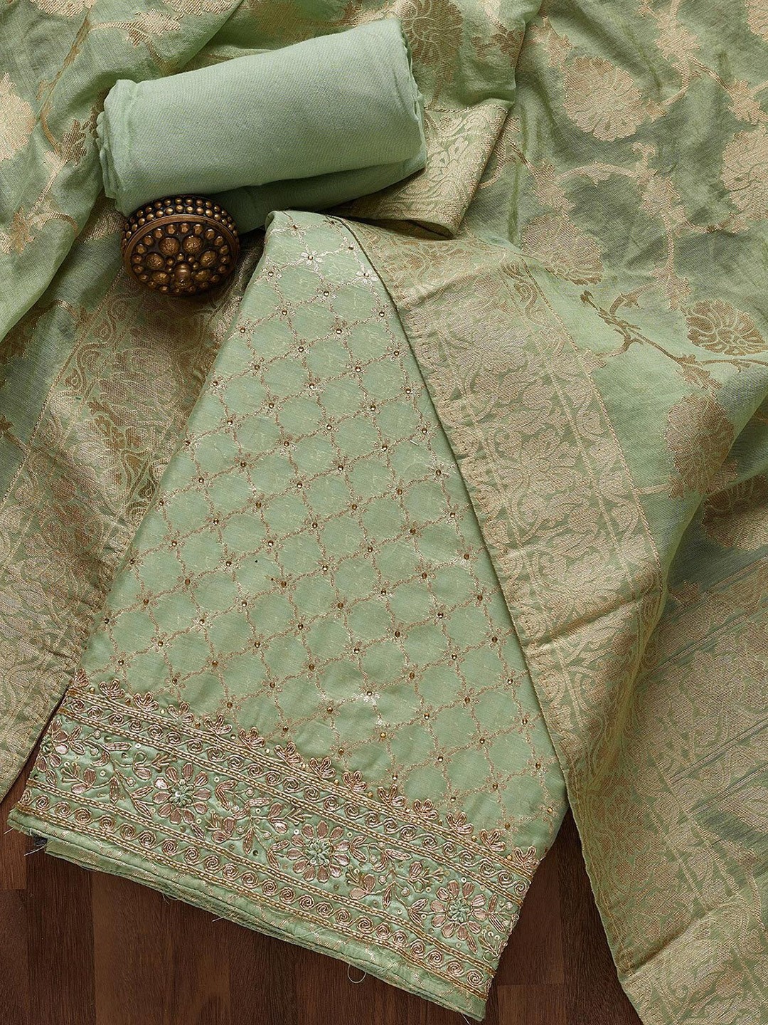 

Koskii Floral Woven Design Zari Art Silk Unstitched Dress Material, Green