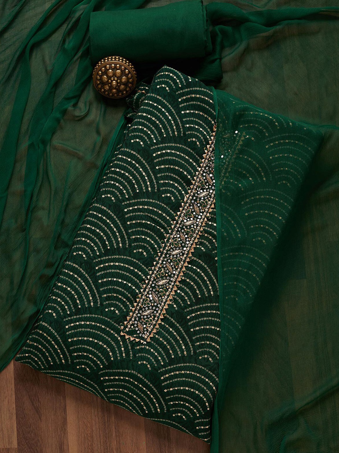 Koskii Bandhani Embellished Sequinned Unstitched Dress Material, Green