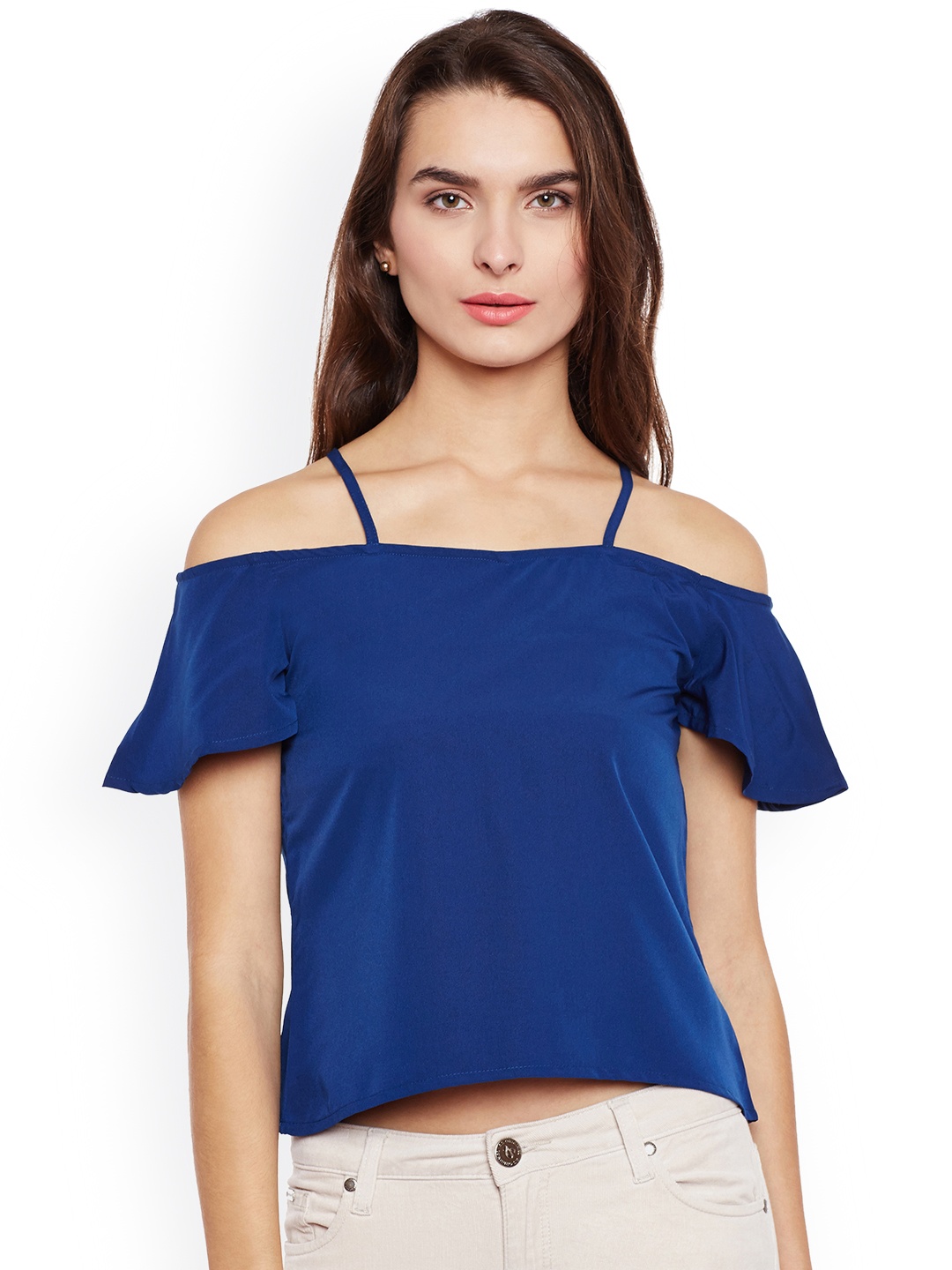 

Popnetic Women Blue Solid Cold Shoulder Top