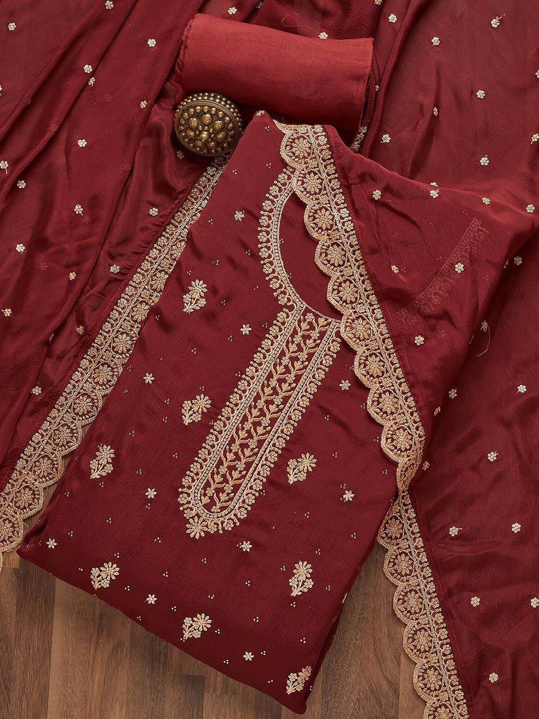 

Koskii Ethnic Motifs Embroidered Zari Unstitched Dress Material, Maroon