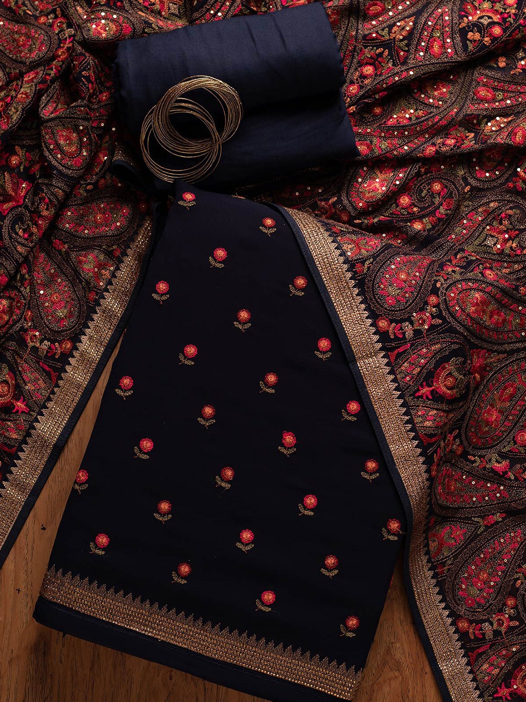 

Koskii Ethnic Motifs Embroidered Unstitched Dress Material, Navy blue