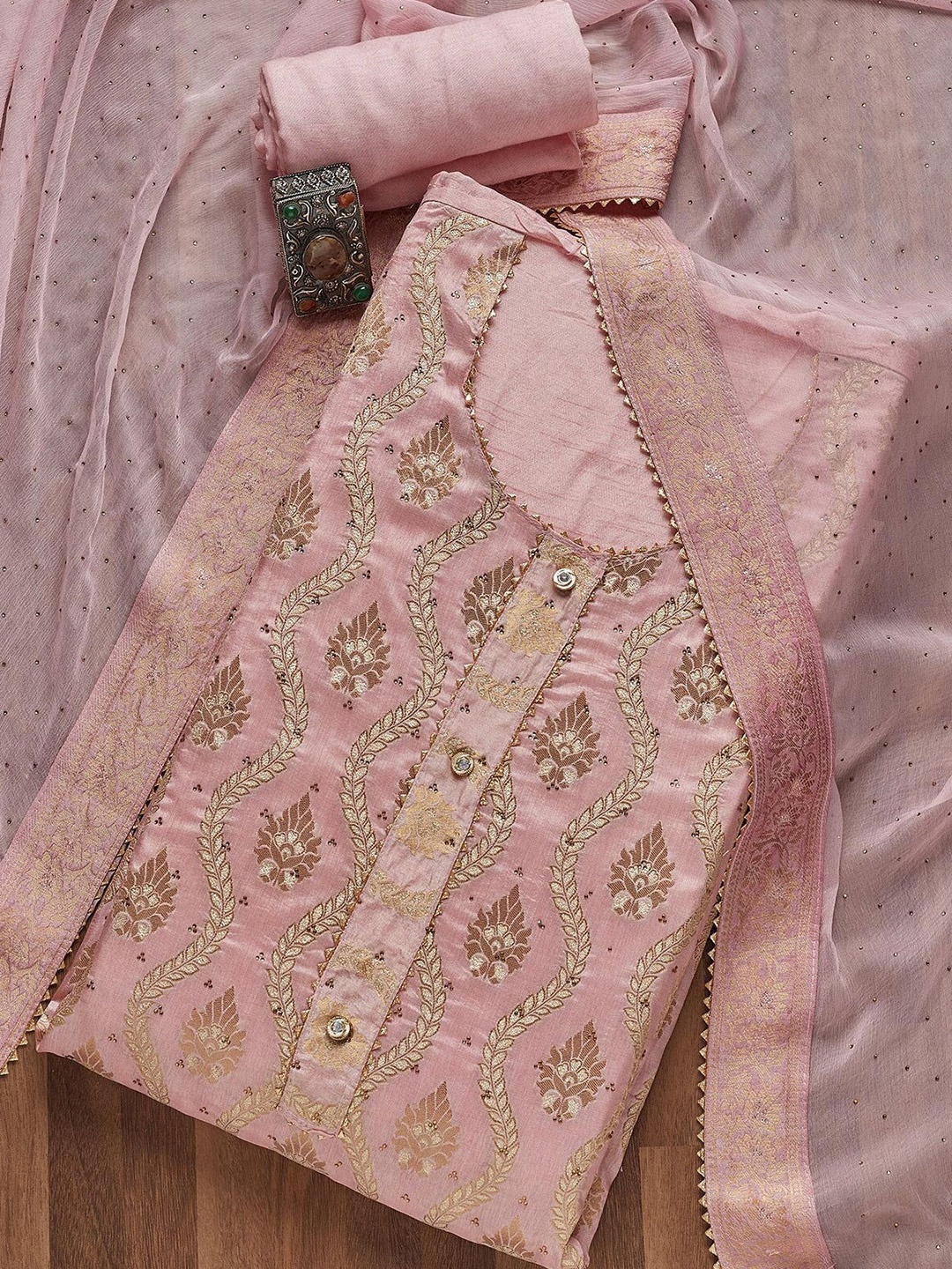 Koskii Embroidered Unstitched Dress Material With Dupatta, Pink