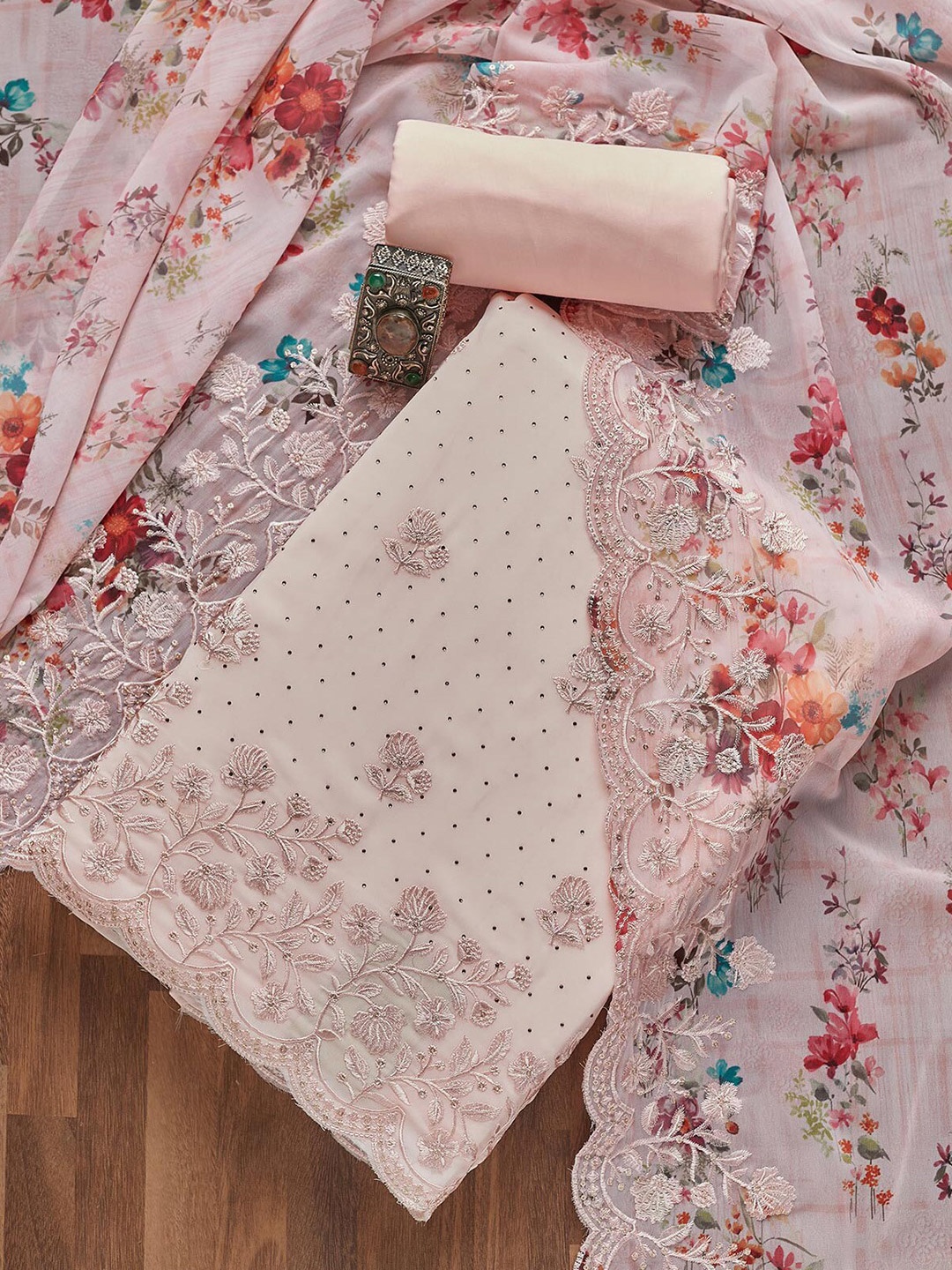 

Koskii Floral Embroidered Unstitched Dress Material, Pink