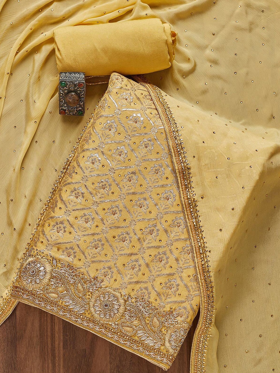 

Koskii Embellished Unstitched Dress Material With Dupatta, Yellow
