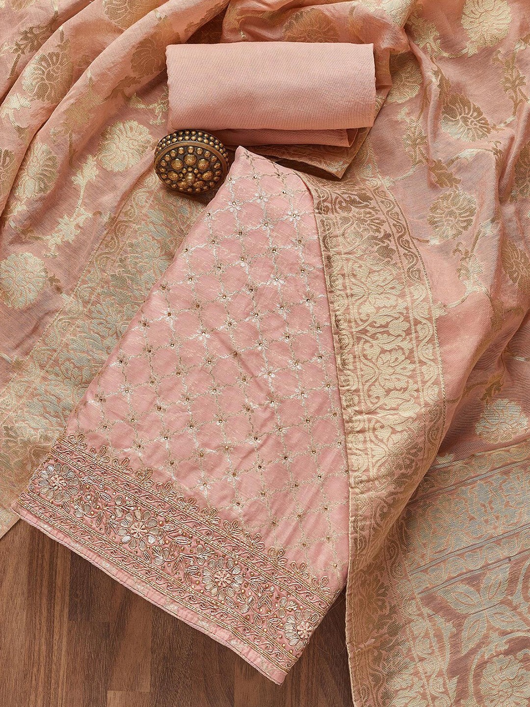 

Koskii Ethnic Motifs Woven Design Beads & Stones Art Silk Unstitched Dress Material, Peach